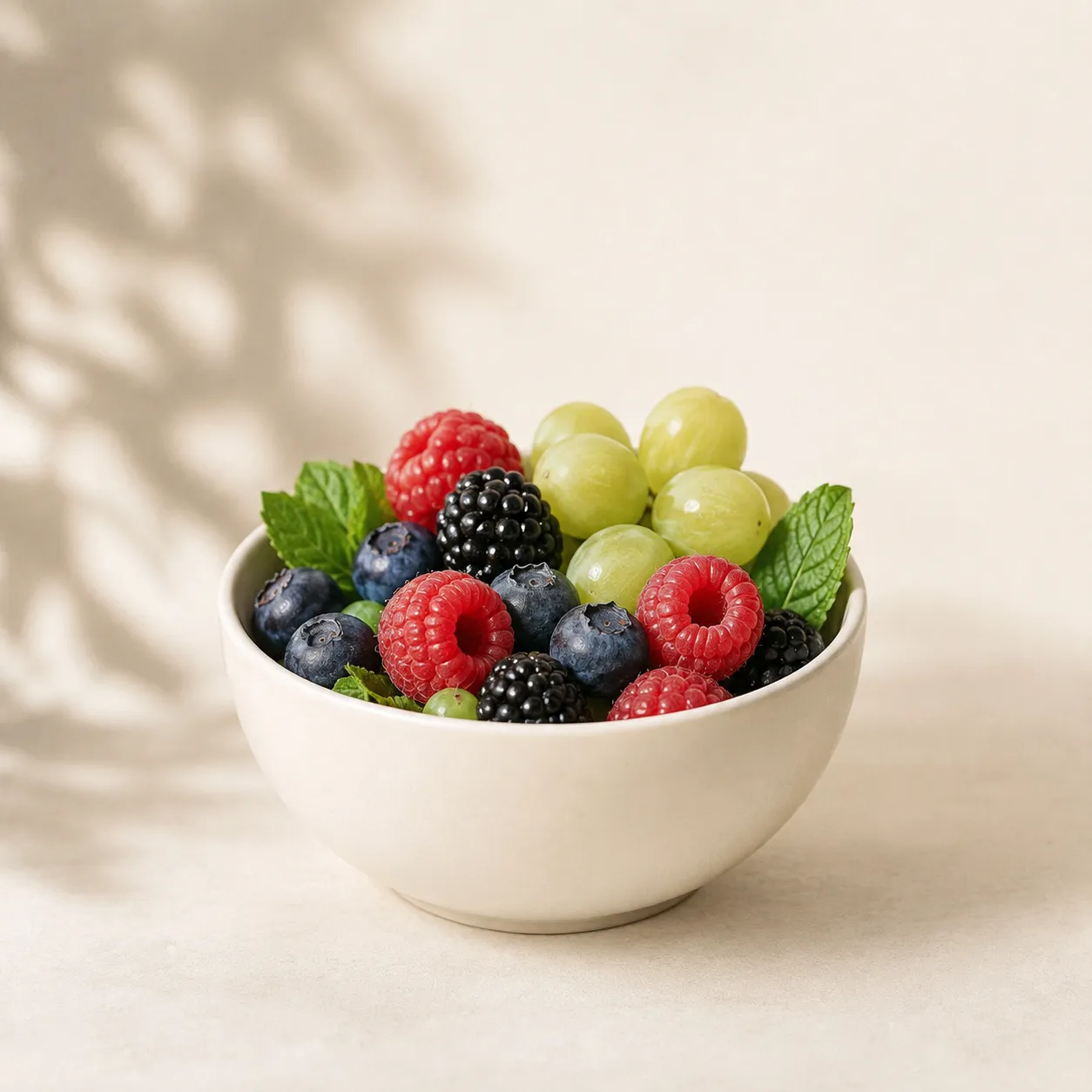 Schale mit frischen Beeren, Weintrauben und Minze