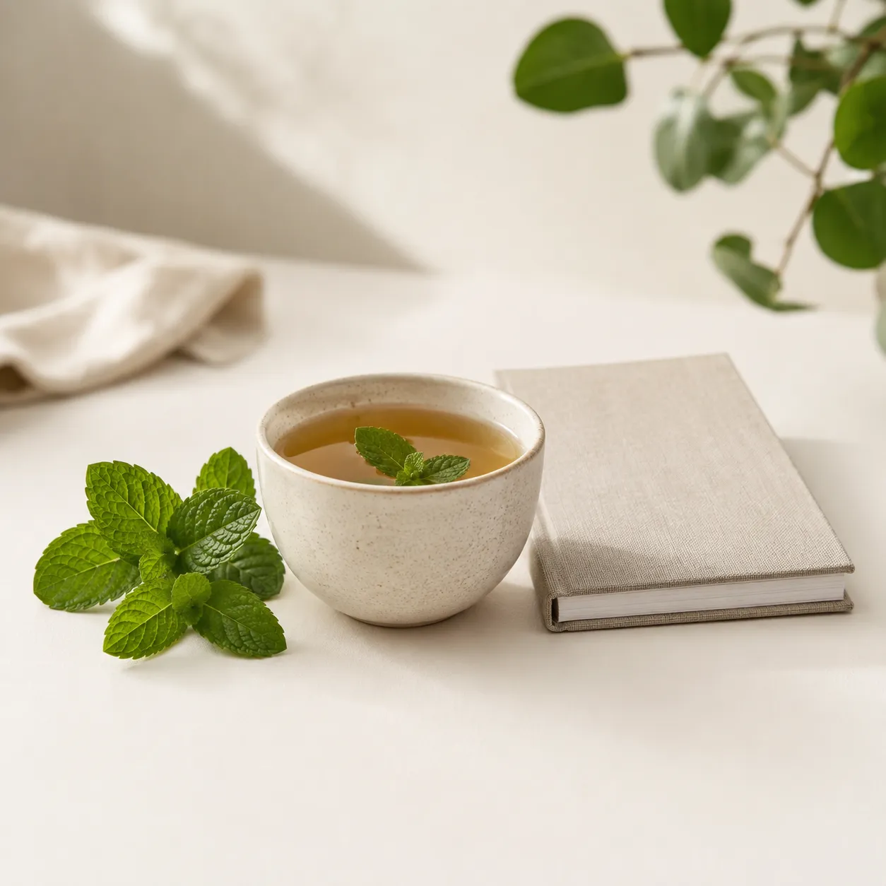 Tasse Kräutertee mit Minze neben einem Notizbuch