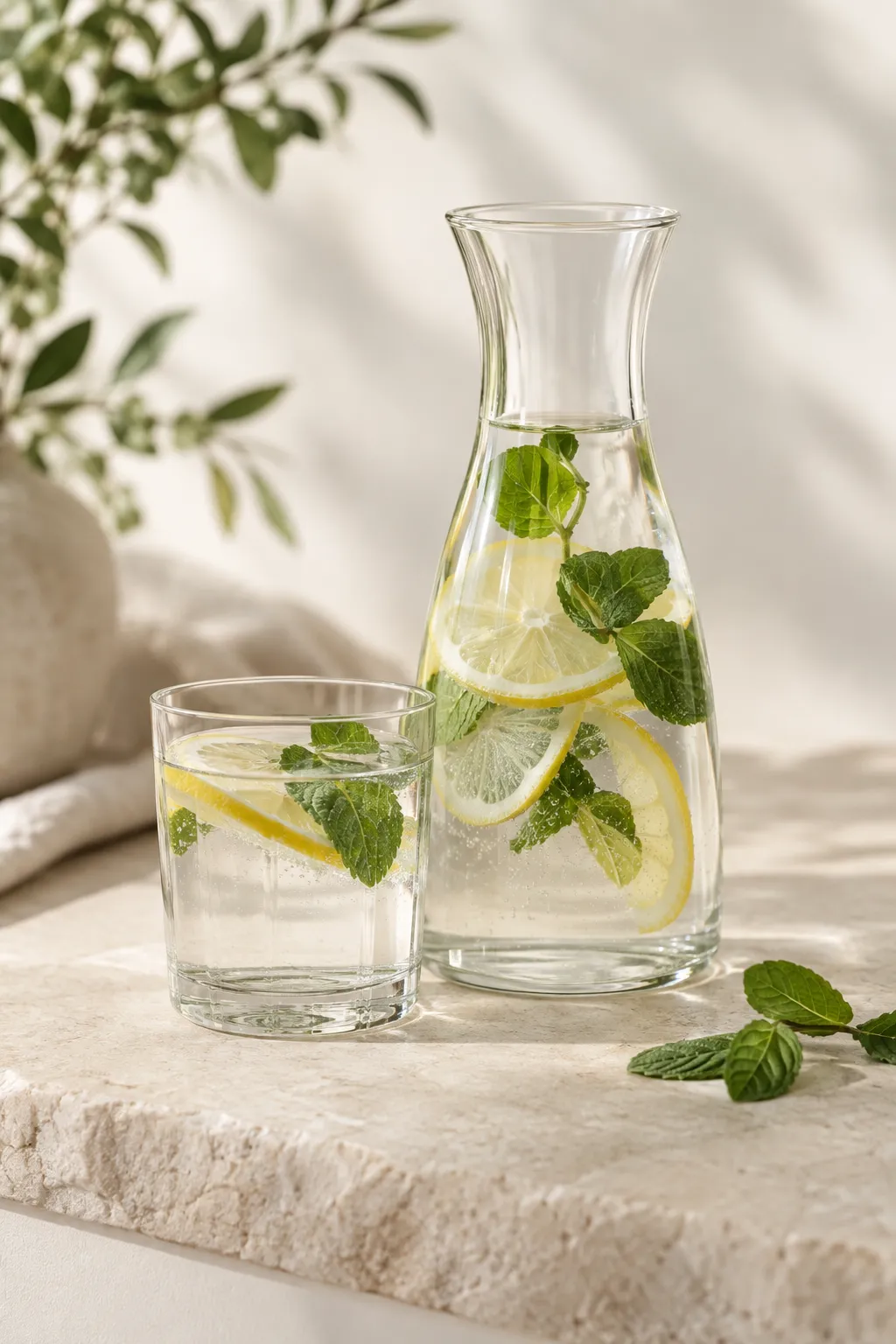Glaskaraffe und Glas mit Wasser, Zitronenscheiben und Minze auf hellem Stein