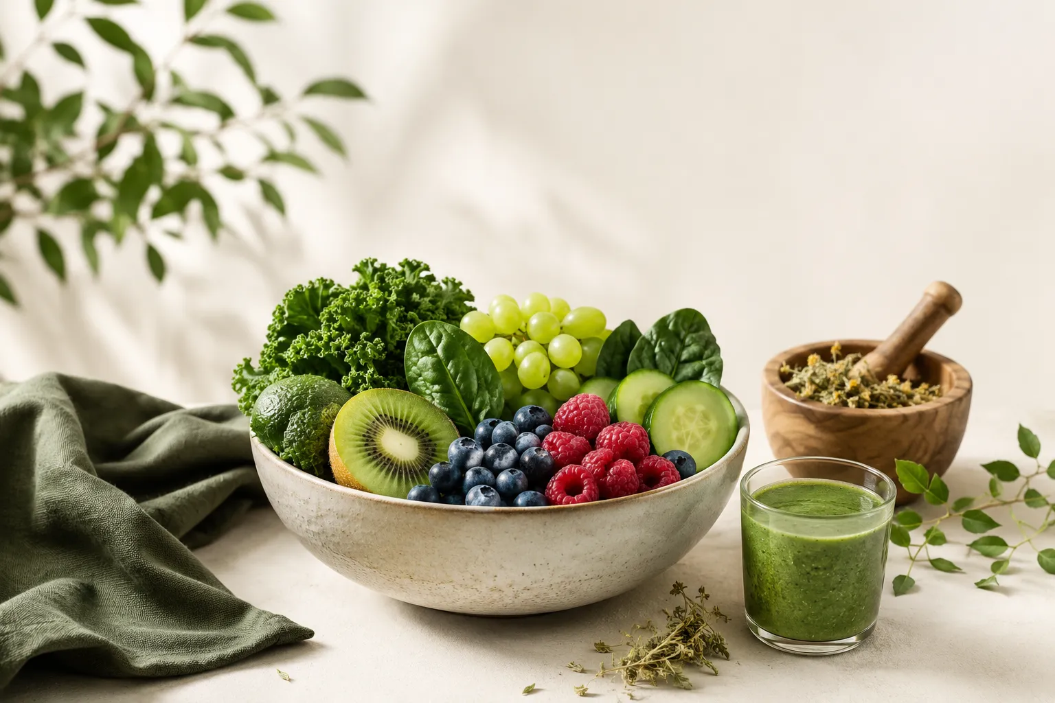 Frisches Obst, Gemüse und ein grüner Smoothie neben einem Mörser mit getrockneten Kräutern